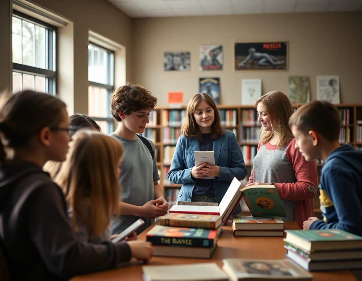 Students browsing Banned Books Week display in school library with librarian sharing information about challenged titles