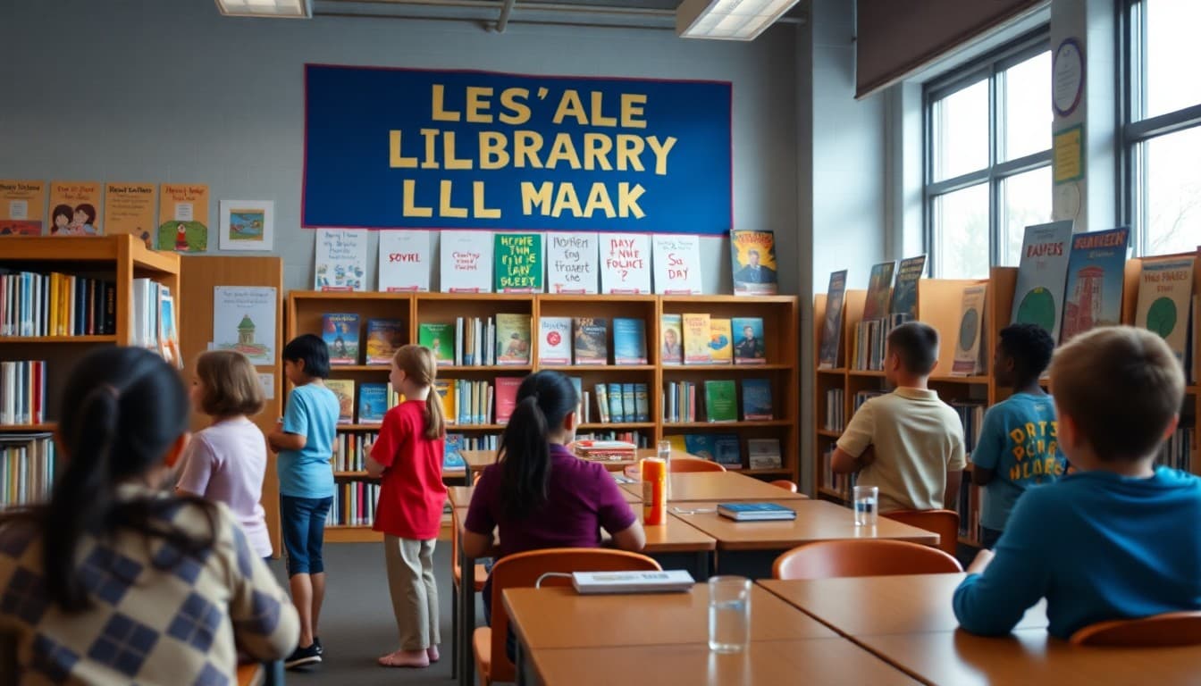 School library with colorful displays celebrating National Library Week with student-created book recommendation posters