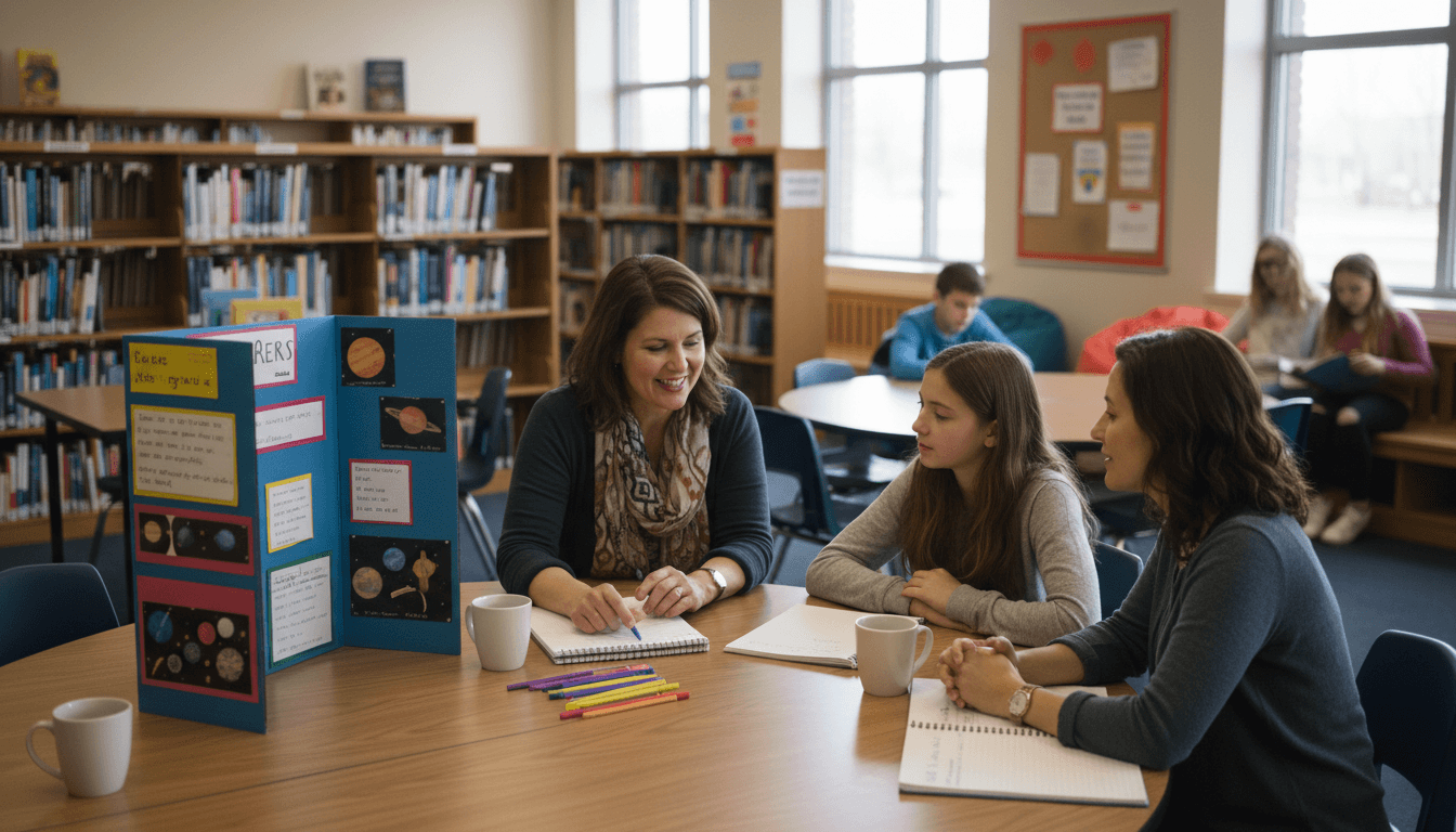 School librarian meeting with a parent and student at a library table reviewing the student's reading record and research project progress