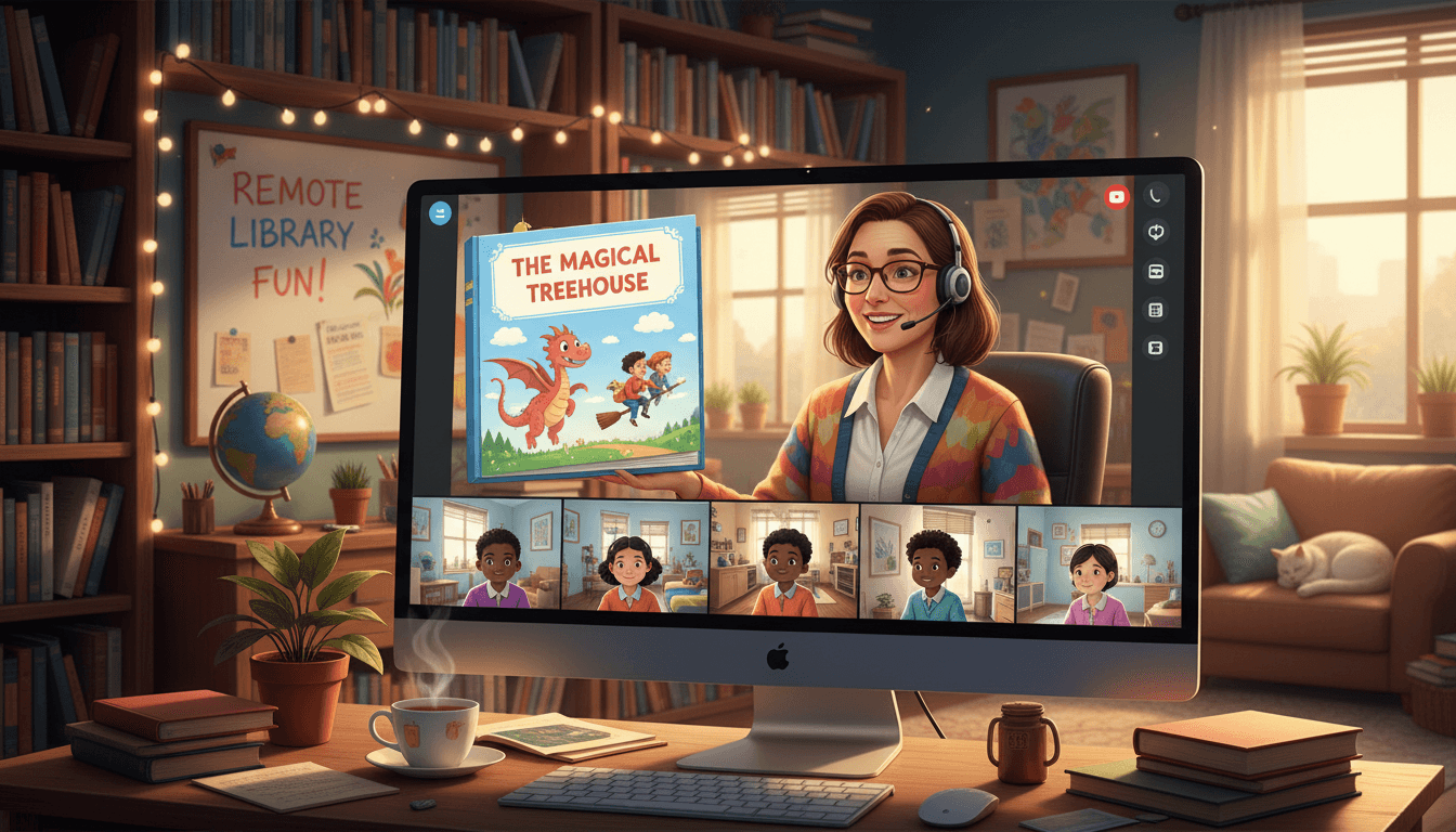 School librarian conducting a virtual story time or digital research skills lesson on a video call with students at home
