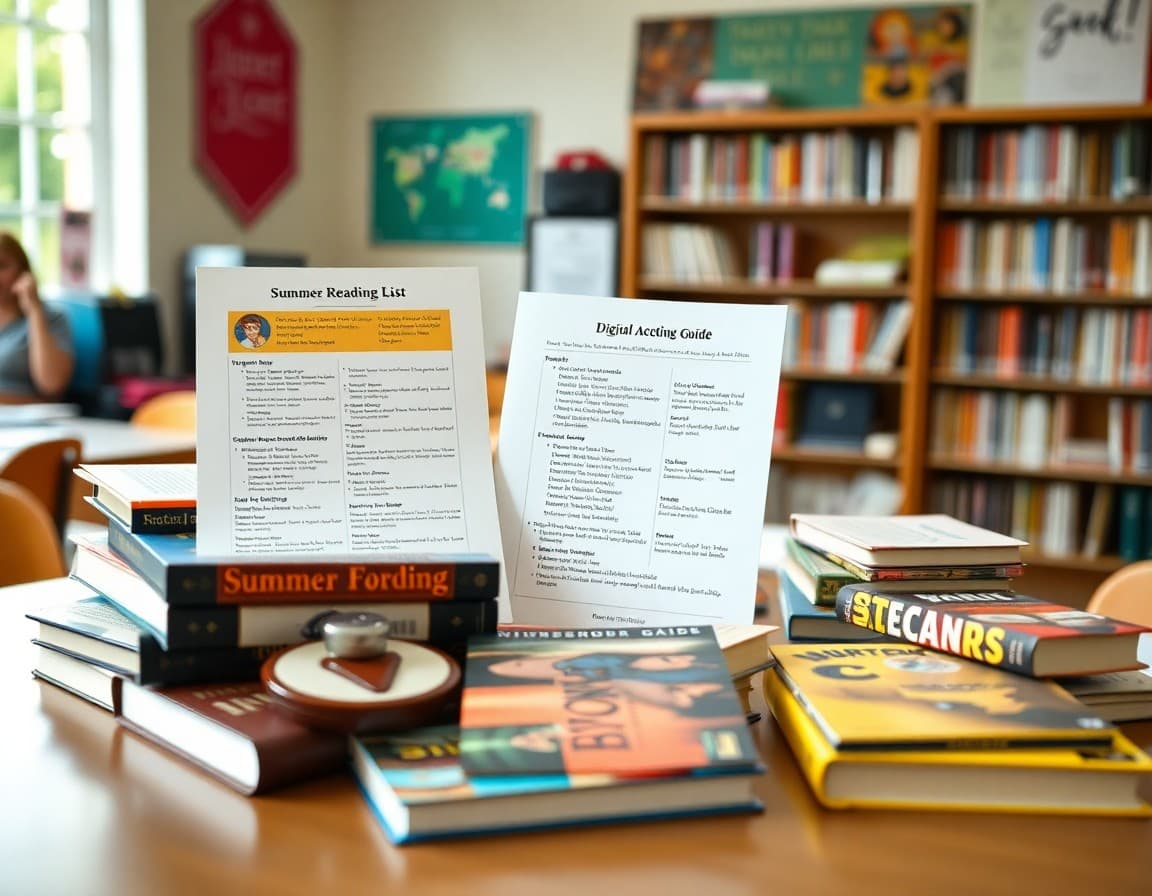 School librarian's summer reading list and digital access guide spread on desk with books for student recommendations