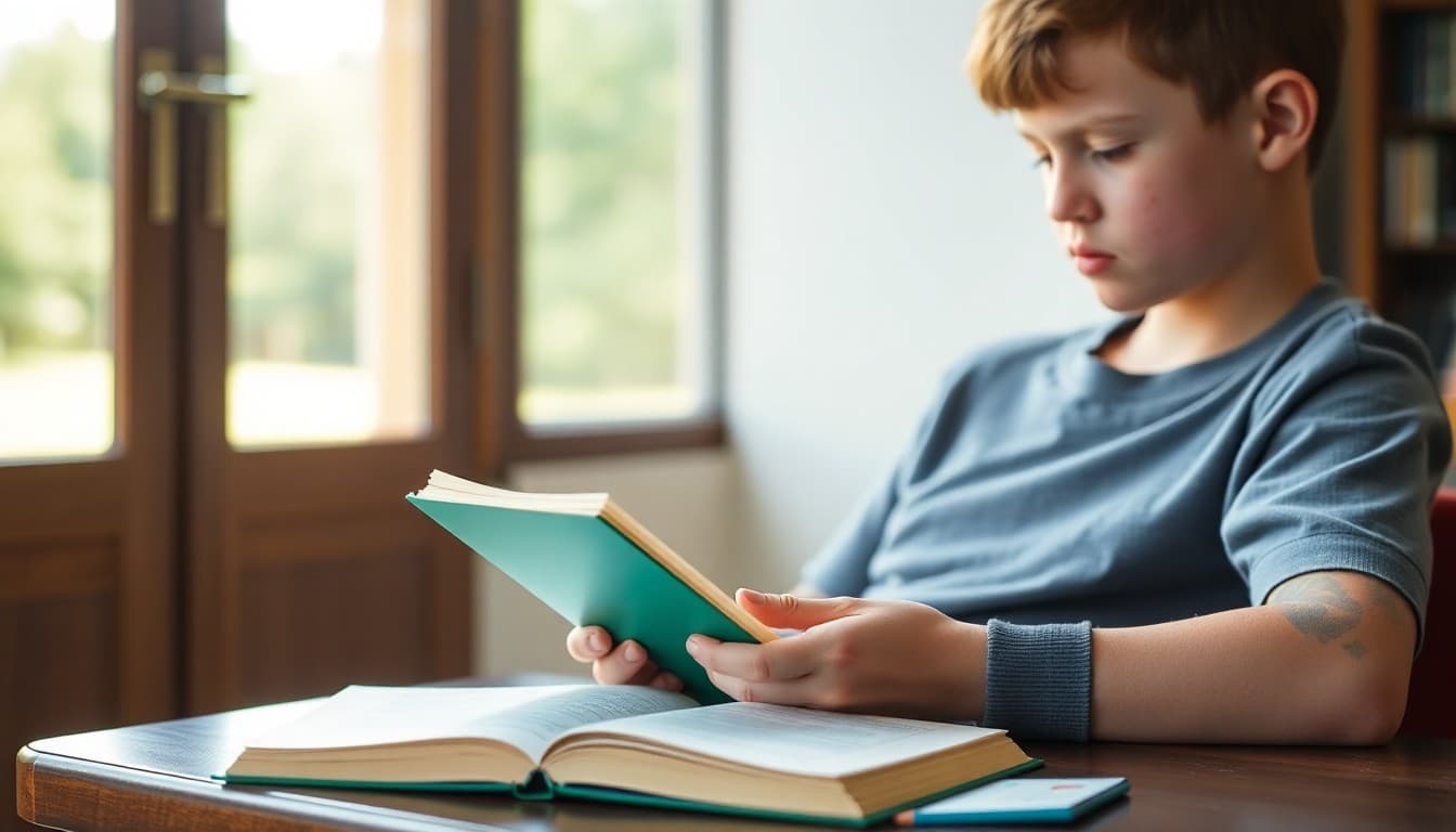 Student reading a library book outside in summer with a reading log notebook and library card nearby