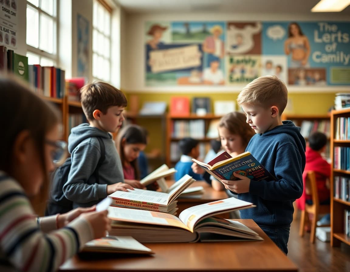 Students browsing new books in school library that were added from family donations and library supply drive