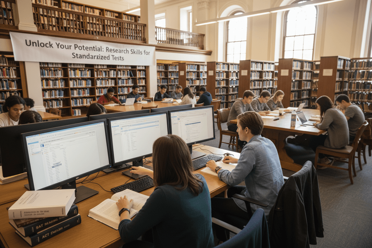 Students using library databases and reference books to prepare research skills for standardized test reading sections