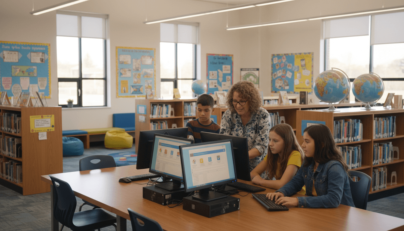 School librarian helping students find research resources for an upcoming assessment, reference section and computers visible in the library