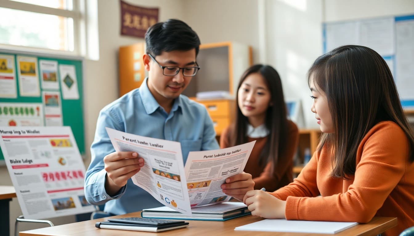 Mandarin teacher reviewing parent newsletter examples with Chinese vocabulary charts and cultural images on desk