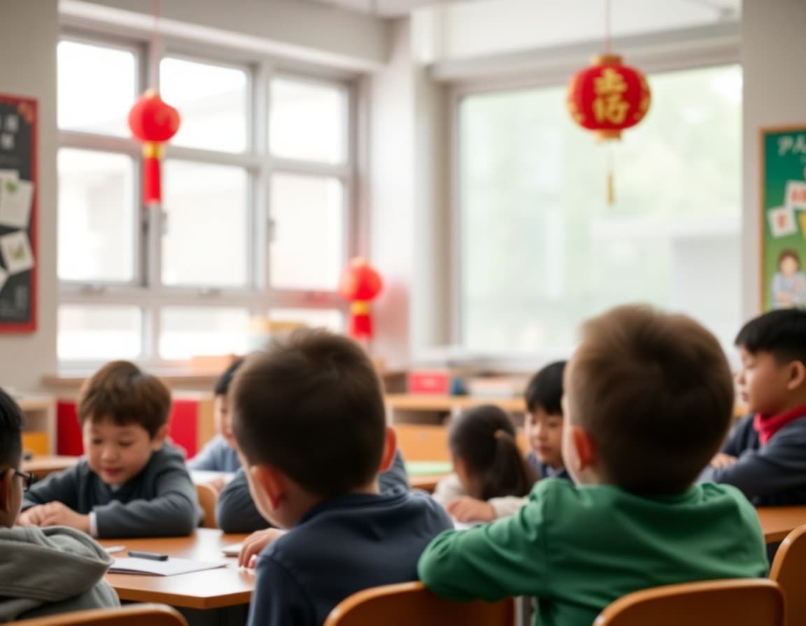 Creative Mandarin teacher newsletter showing Chinese New Year spotlight, family vocabulary challenge, and media recommendation section