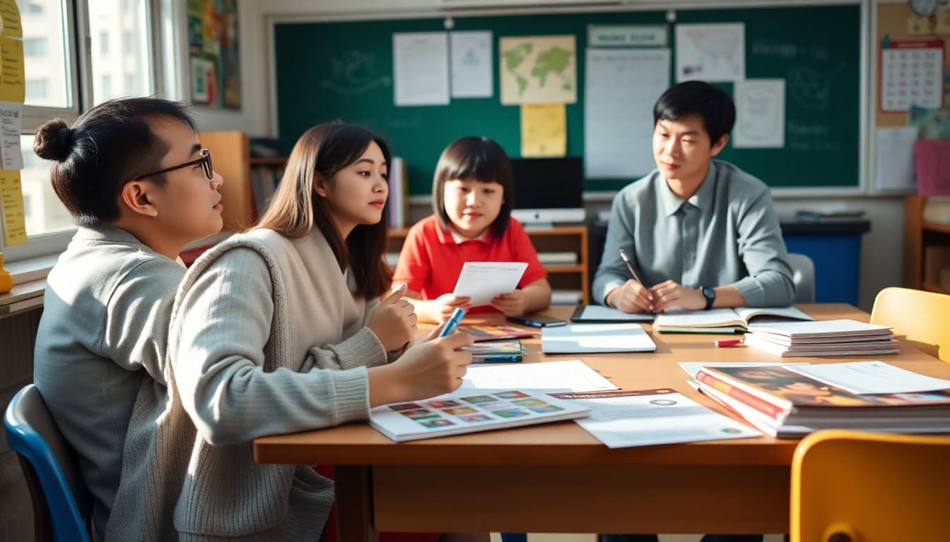 Mandarin teacher brainstorming newsletter topics with Chinese calendar, cultural materials, and vocabulary resources spread on desk