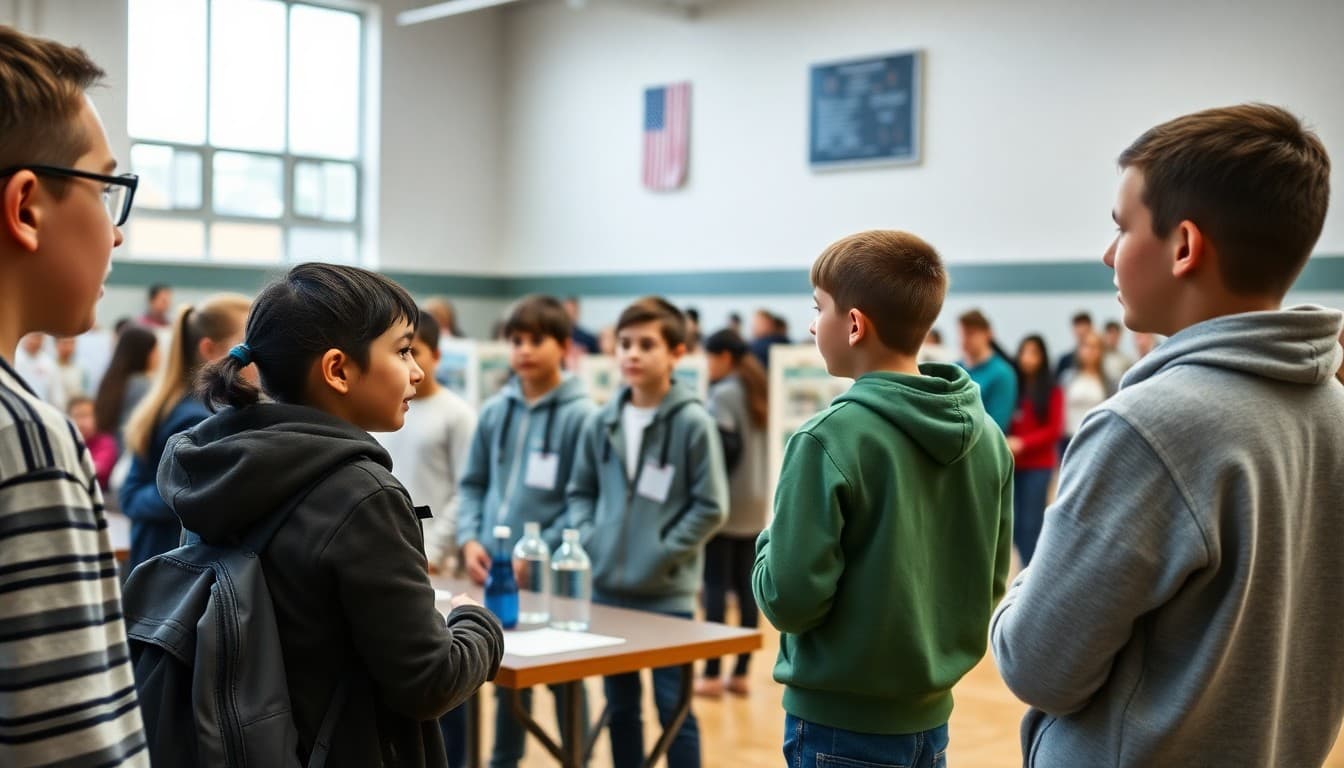 Students presenting science fair projects to judges in a school gymnasium in March