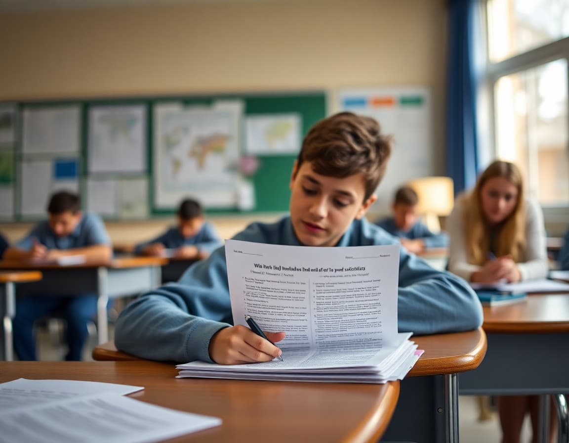 Student essay with historical evidence citations and teacher feedback on a March classroom desk
