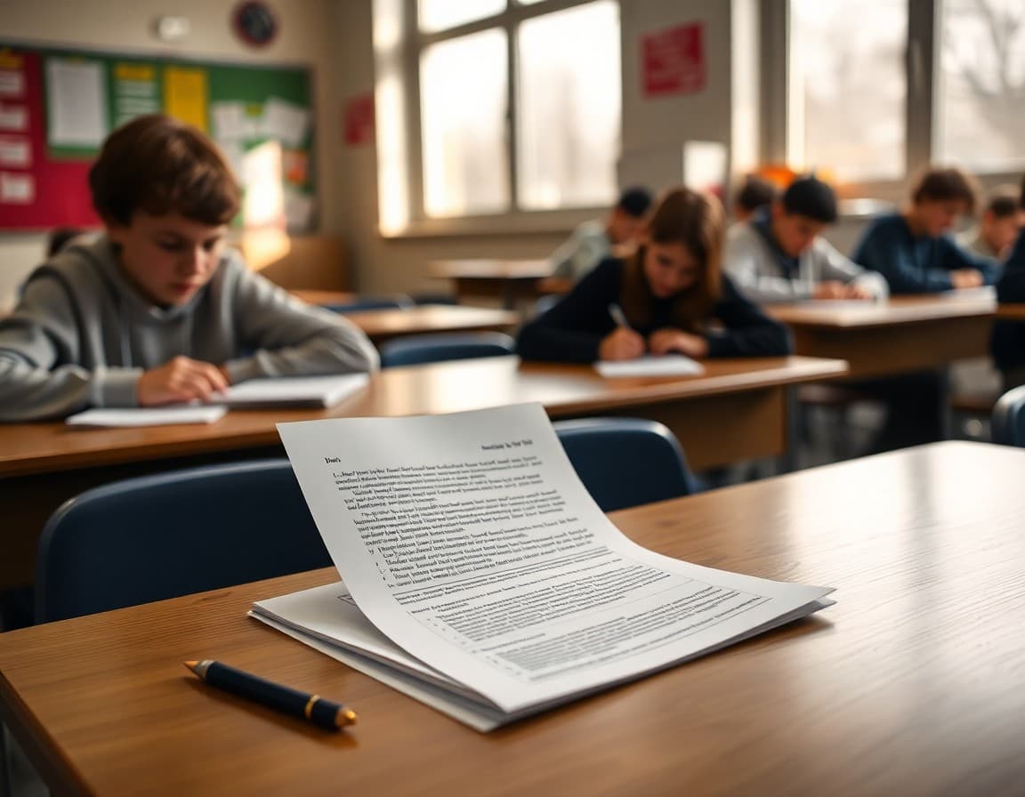 Student essay draft with revision notes and rubric score visible on a March classroom desk