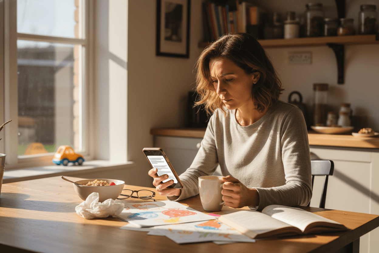 Parent reading math curriculum change newsletter on phone at home