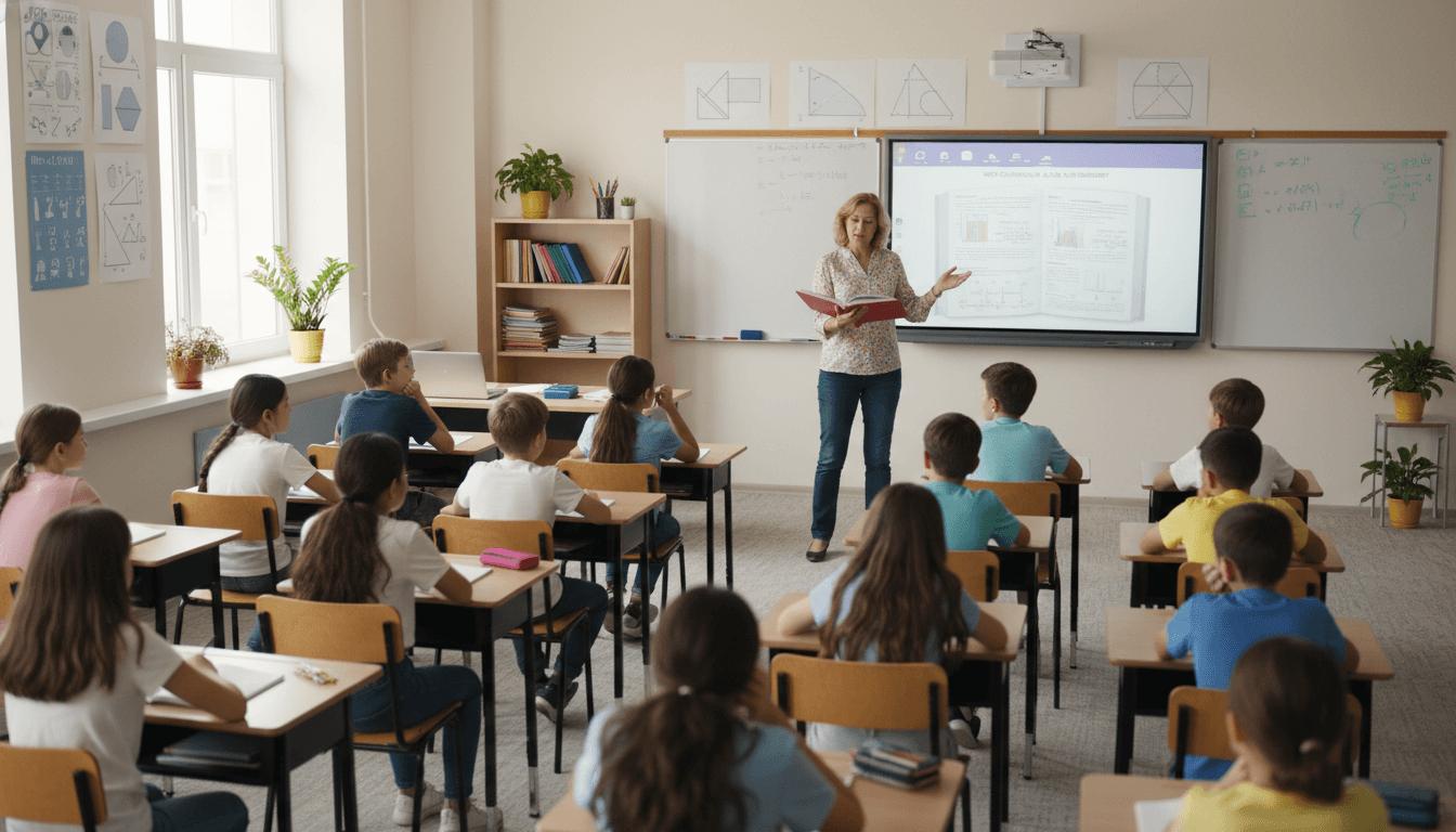 Math teacher at whiteboard explaining new curriculum approach, classroom setting