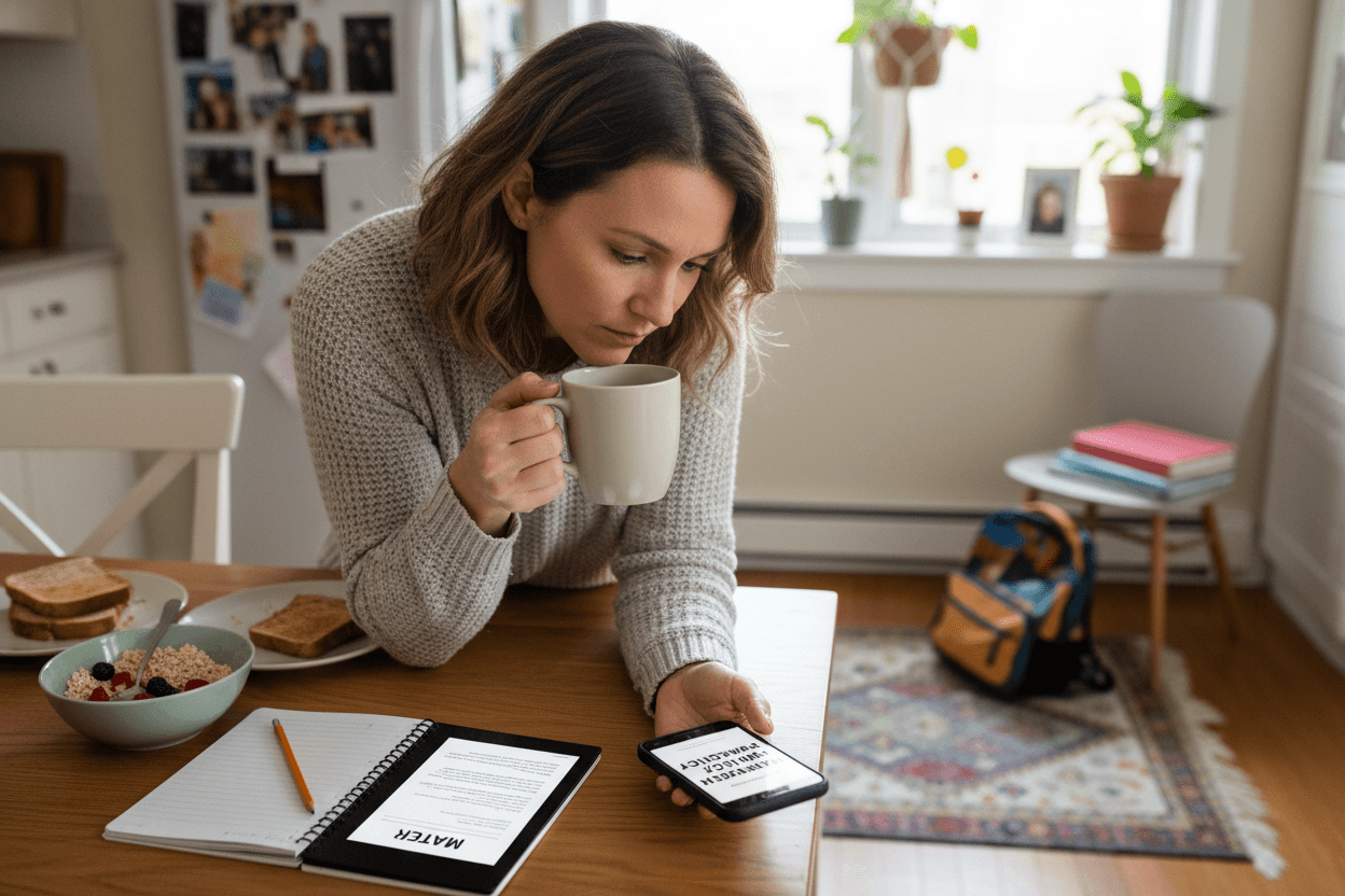 Parent reading math homework policy newsletter on phone at home