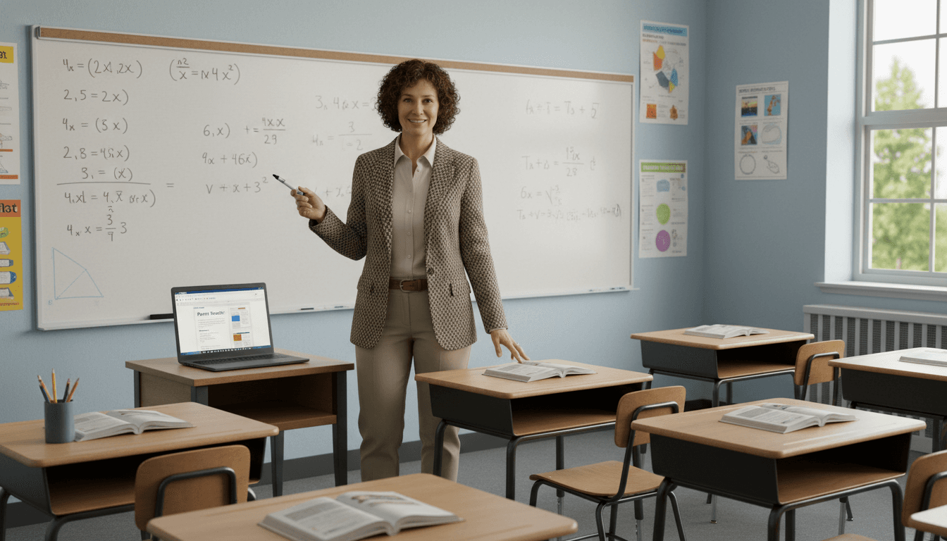 Math teacher at whiteboard with equations on first day of school, classroom setting