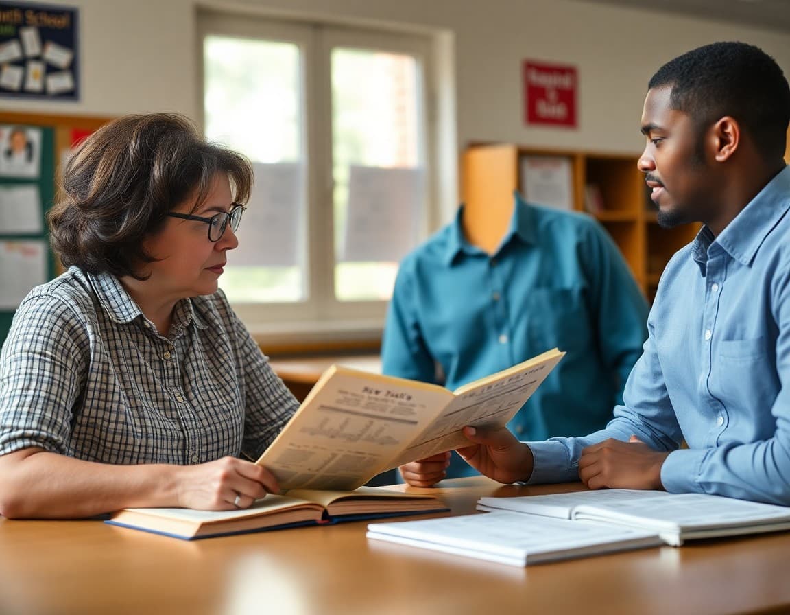 Parent comparing old and new math textbooks while talking with a teacher at a table