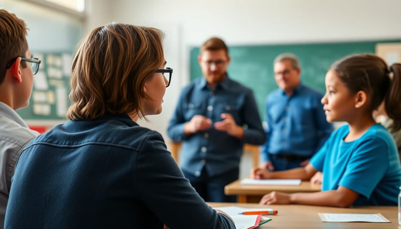 Math teacher explaining a new curriculum approach to curious and attentive parents