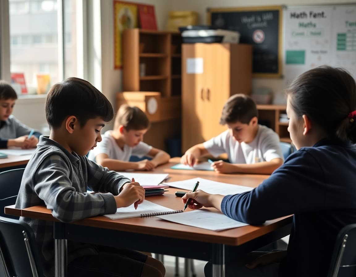 Students working on different-level math tasks in a flexible classroom arrangement