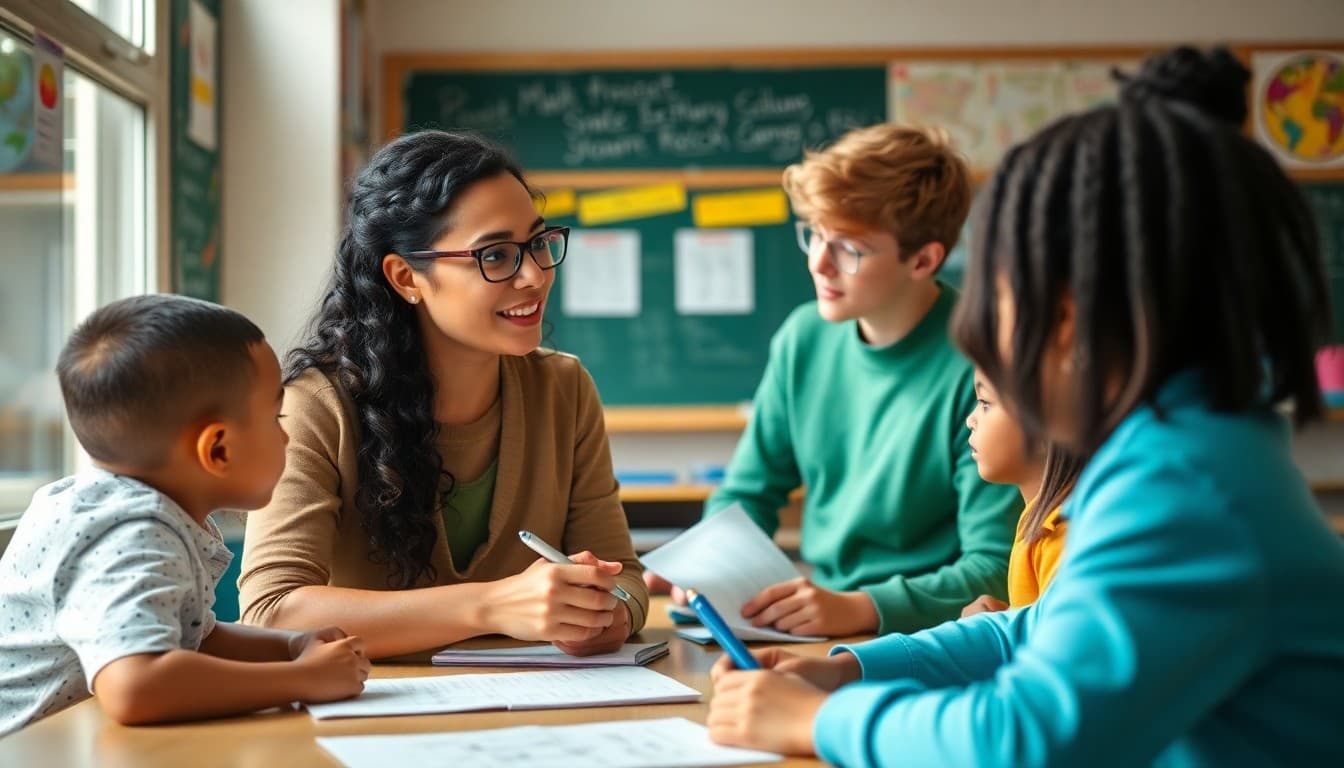 Math teacher using differentiated instruction with diverse learners at different skill levels