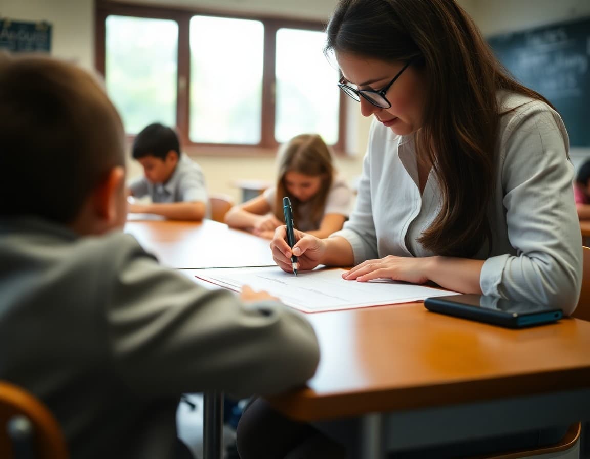 Math teacher writing grade explanation notes on paper at a classroom desk