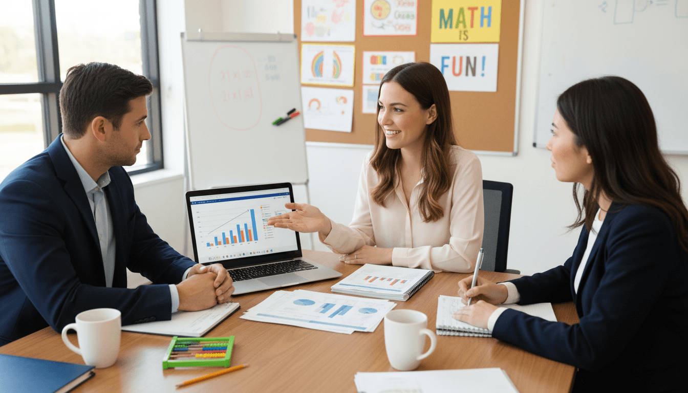 Math teacher sitting across from a parent at a desk reviewing student assessment data during a parent-teacher conference