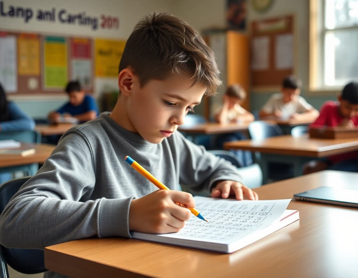 Student working on a math summer review packet at a table with pencil and notebook