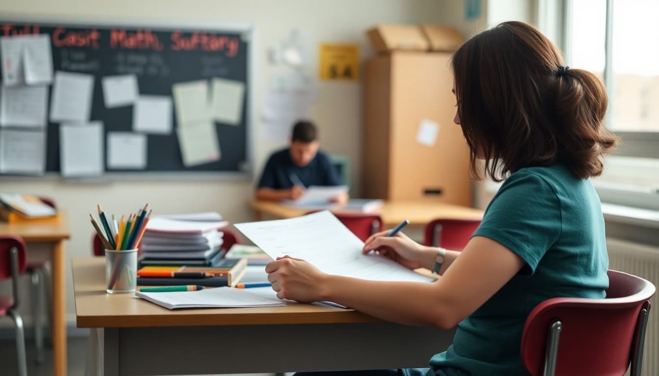 Math teacher creating a supply list at a school desk for parent communication