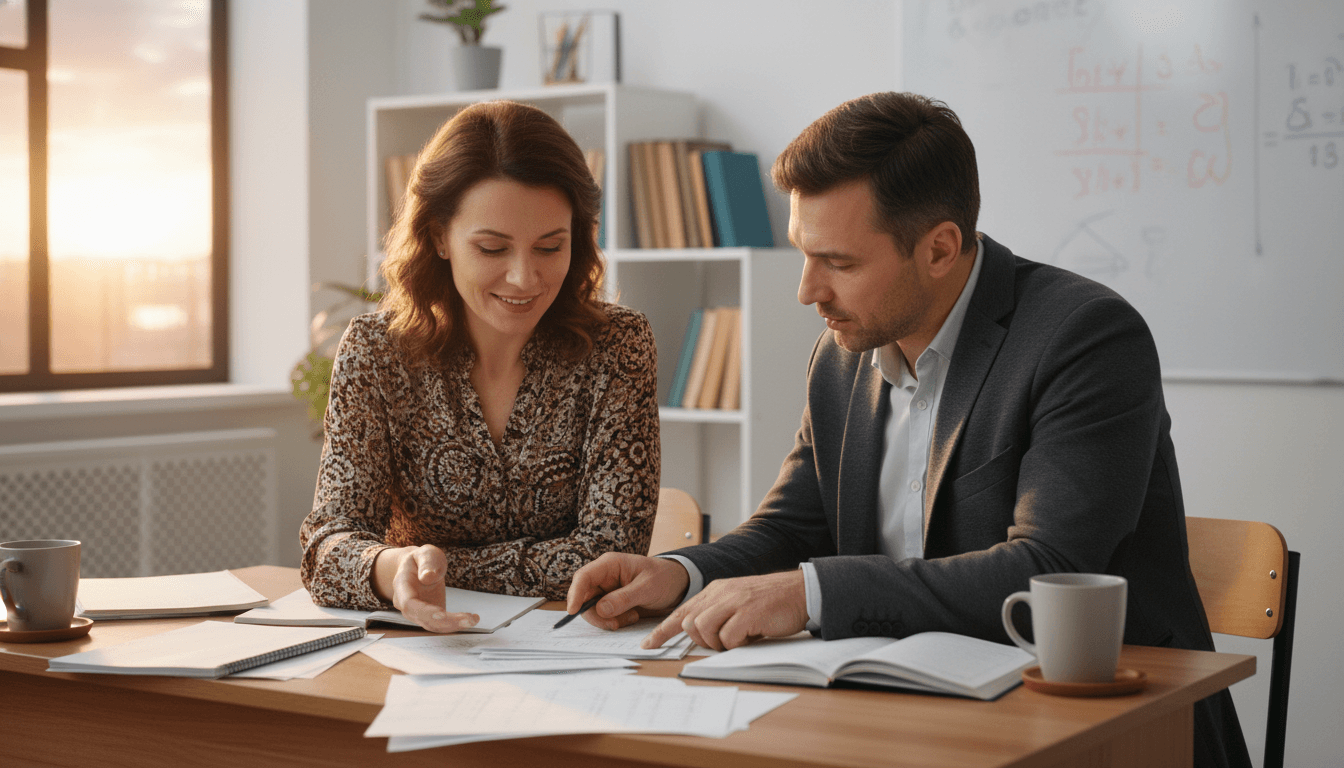 Math teacher preparing for parent-teacher conference at desk, classroom setting