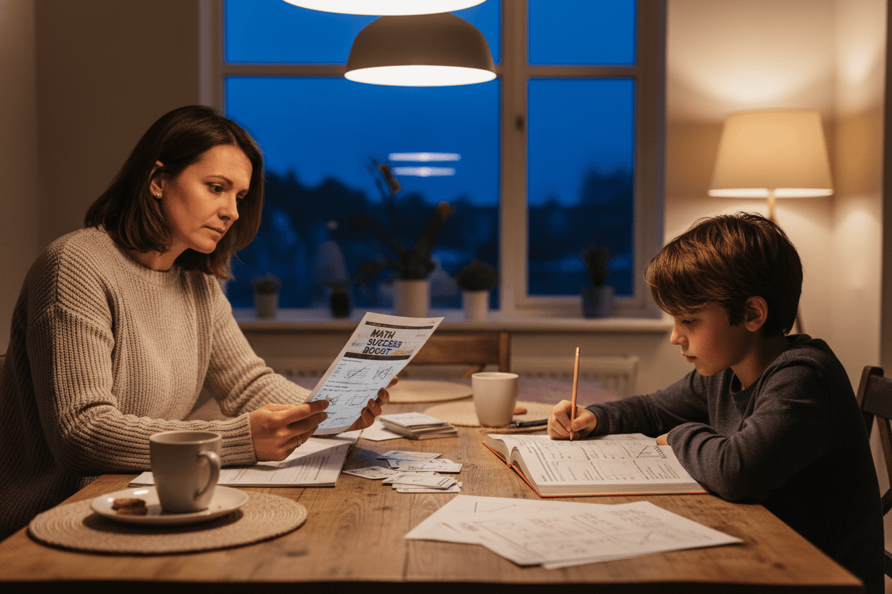 Parent reading math test prep newsletter on phone at home