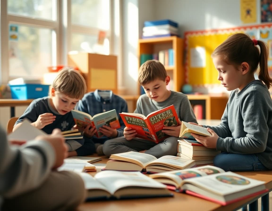 Collection of student-selected books spread across a May classroom reading area