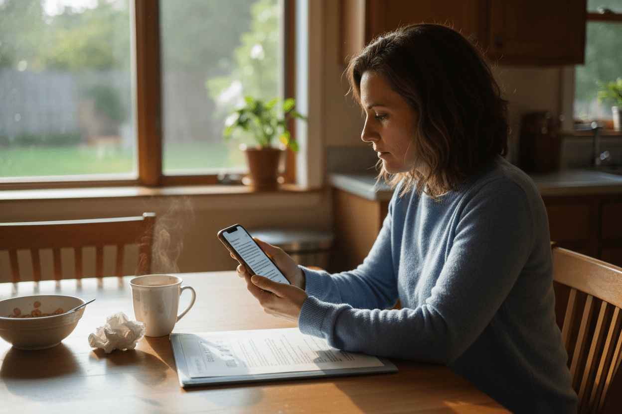 Parent reading middle school ELA newsletter on phone at home