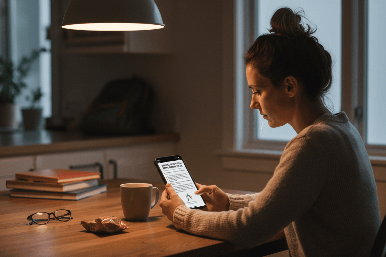 Parent reading middle school math newsletter on phone at home
