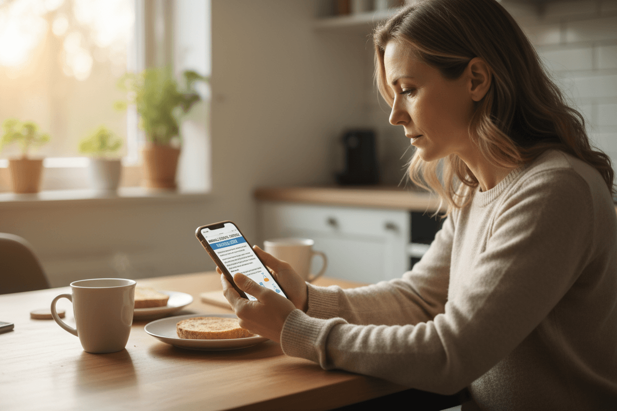 Parent reading middle school science newsletter on phone at home