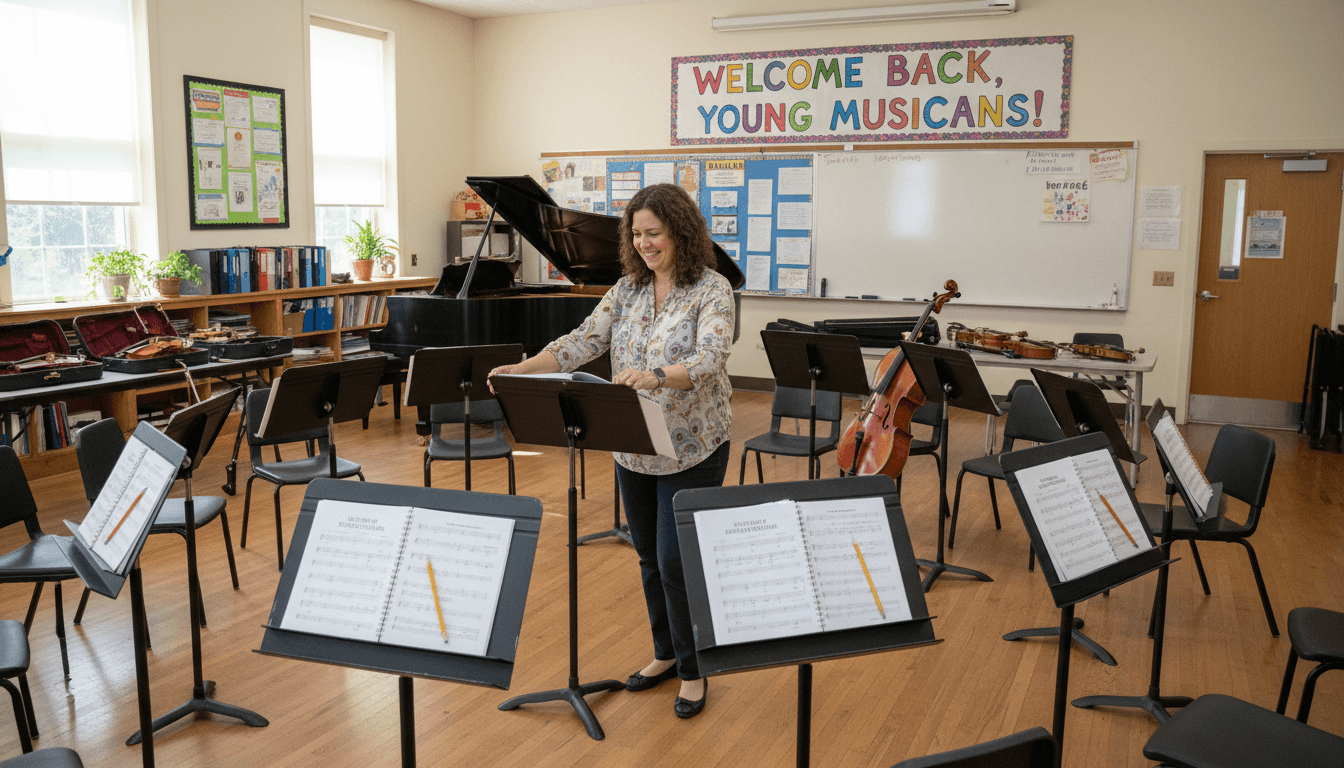 Music teacher arranging instruments and music stands in a rehearsal room decorated and ready for the first day of music class