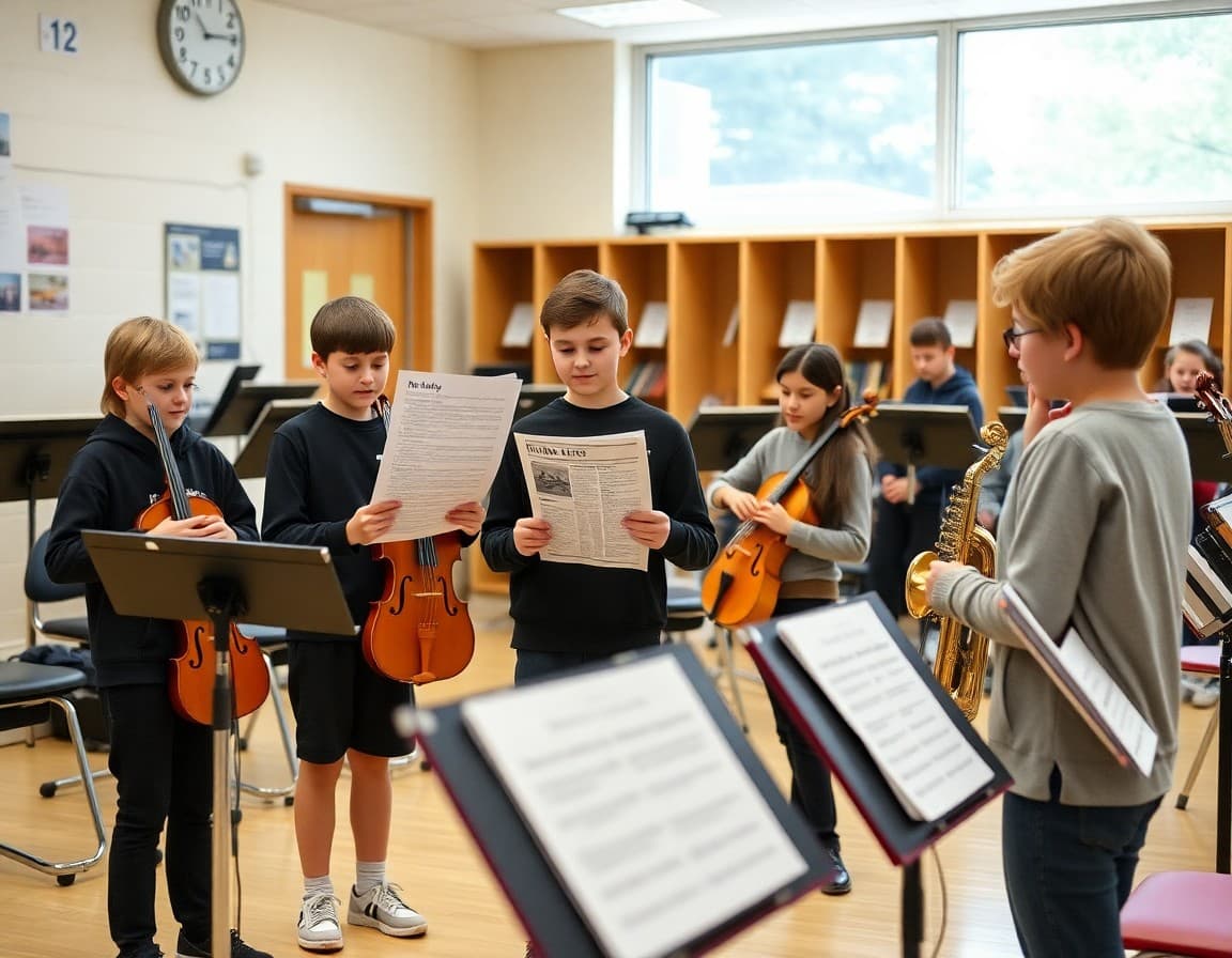 New music students receiving first day newsletter in school music room with instruments on stands and risers
