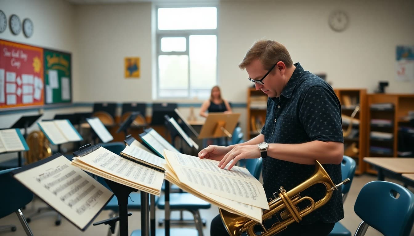 Music teacher arranging sheet music and instruments in a well-organized band room ready for the first day of school