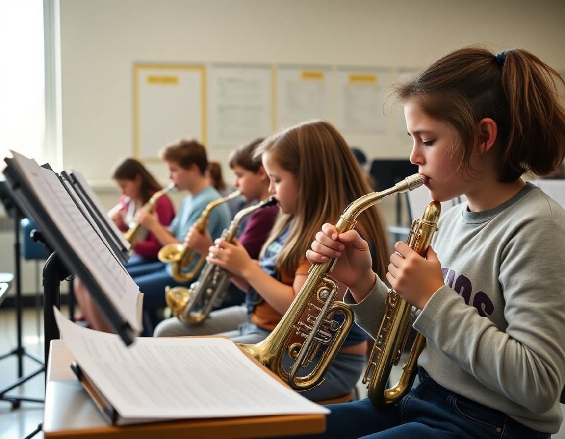 Students in band class working on individual technique goals with different practice materials at their stands