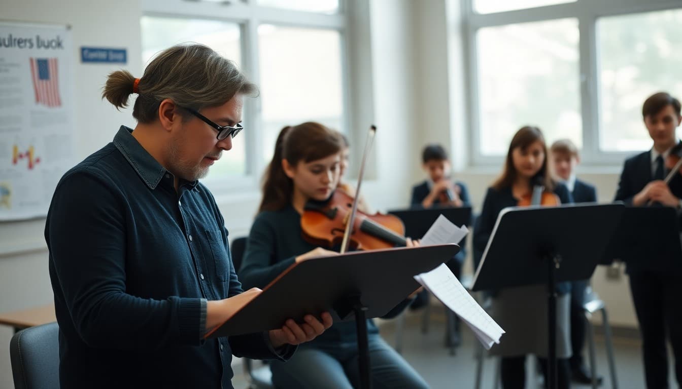 Music teacher working individually with student on specific technical passage while ensemble waits in background