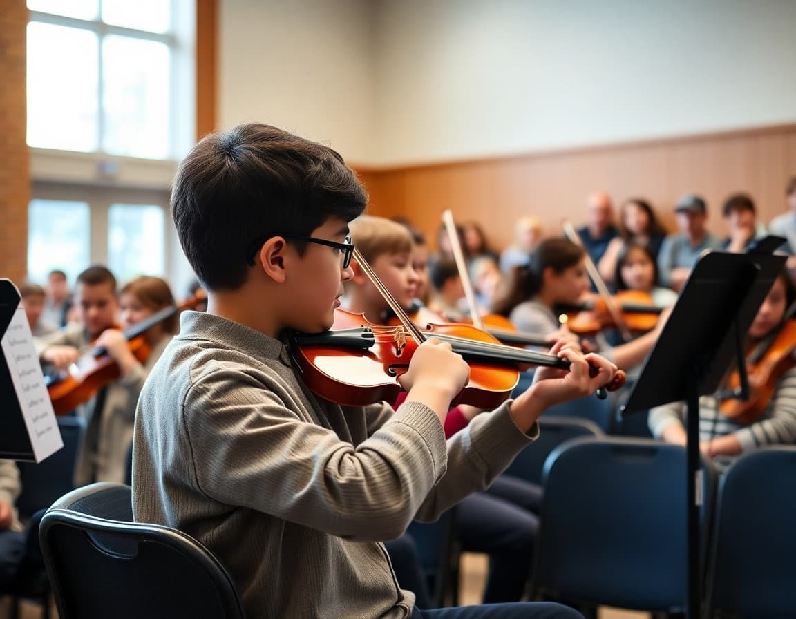 Chamber orchestra students performing at school concert with families watching in auditorium audience