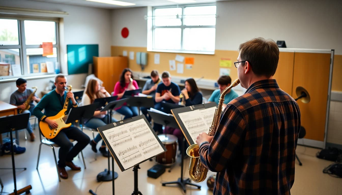 High school jazz band students rehearsing after school in music room with music teacher directing from front
