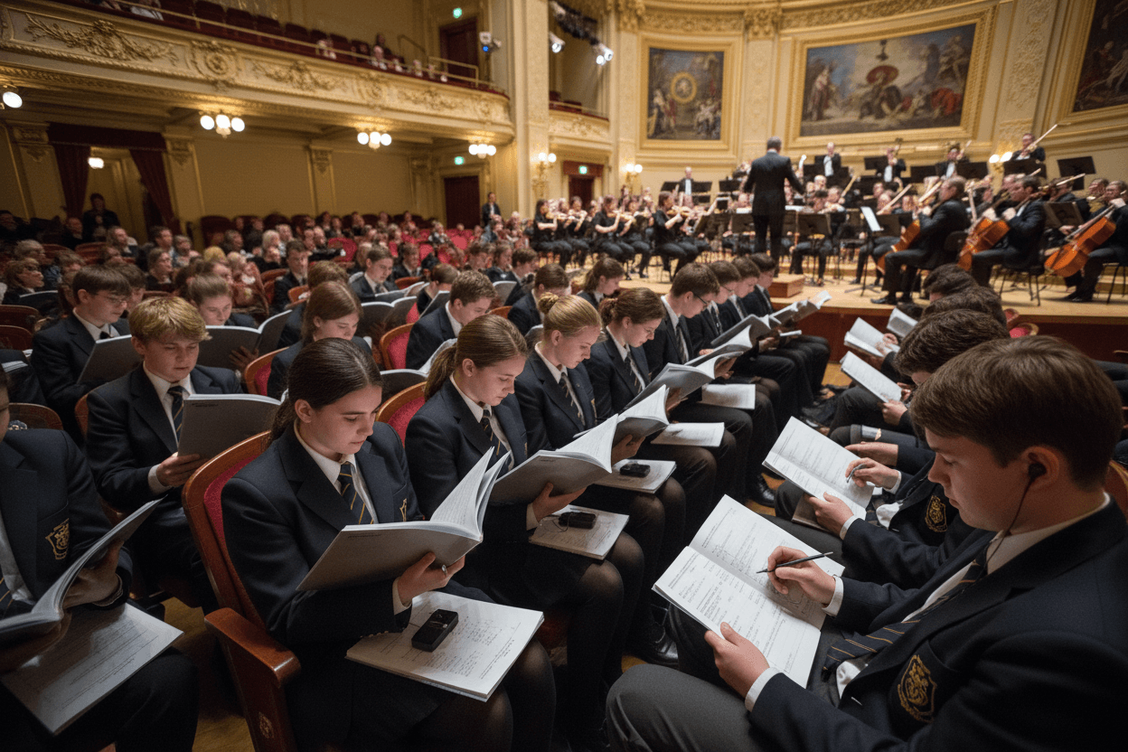 Students using listening guides and program notes during a music field trip to a live performance venue