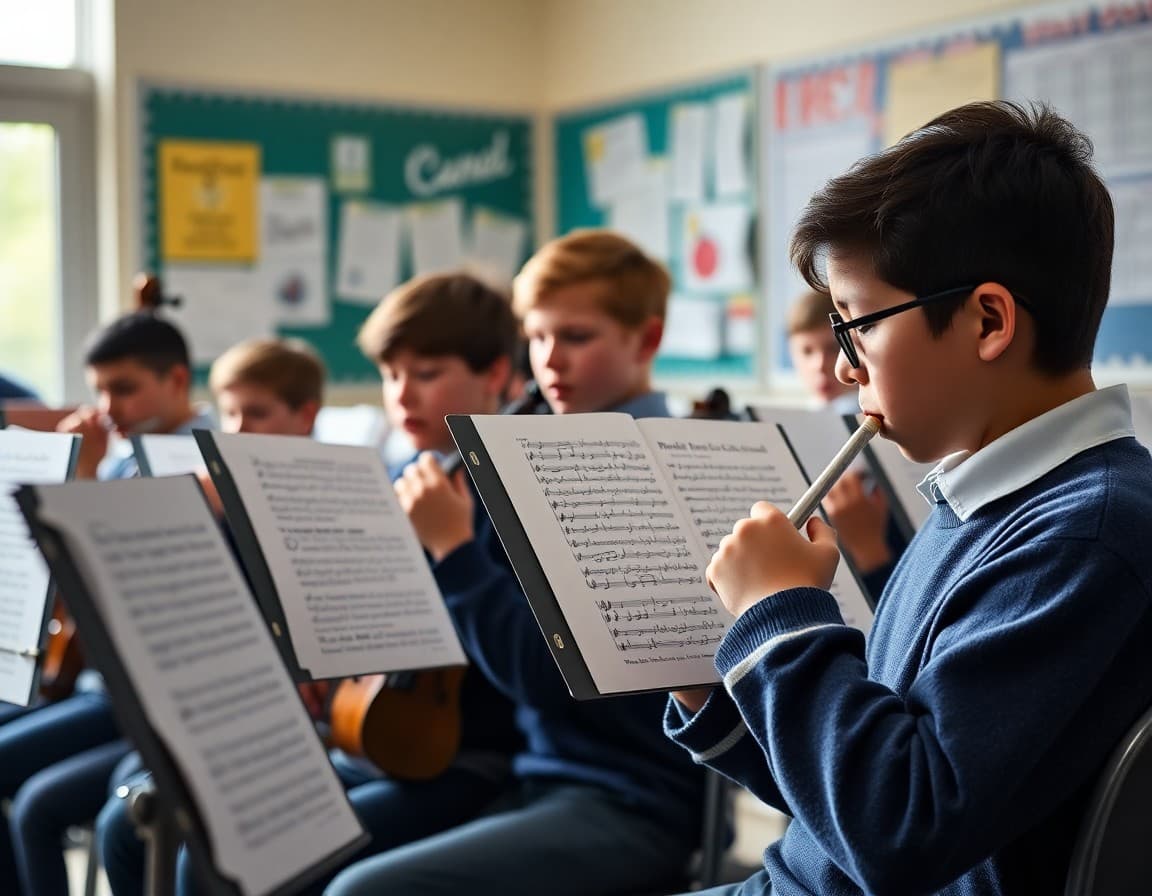 Students in school orchestra rehearsing together with sheet music on stands during first unit of the year