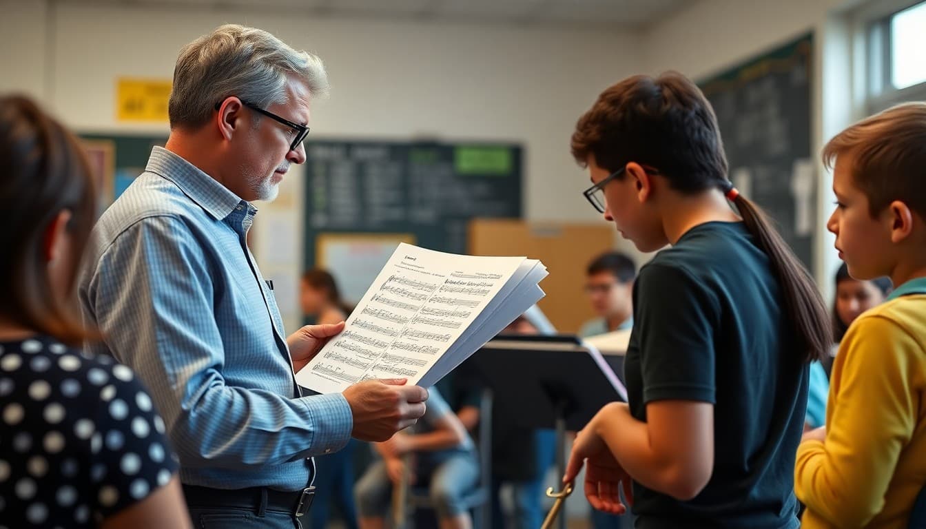 Music teacher distributing sheet music to students at the start of first ensemble unit in school band room