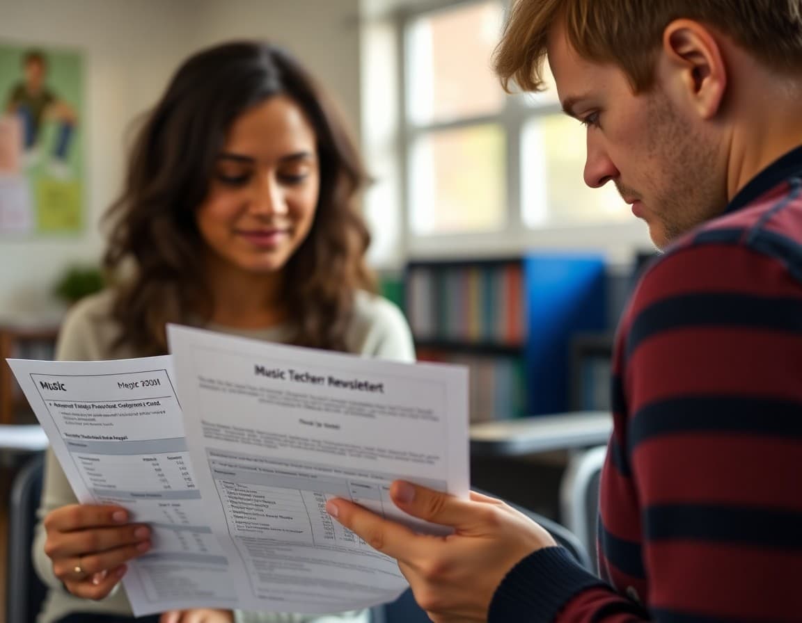 Parent reviewing music teacher grade report newsletter showing practice records and performance assessment scores
