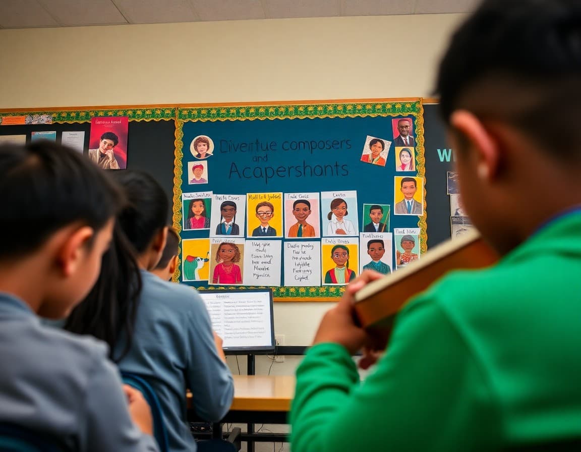 Music classroom with student-created display celebrating diverse composers and musicians for awareness month