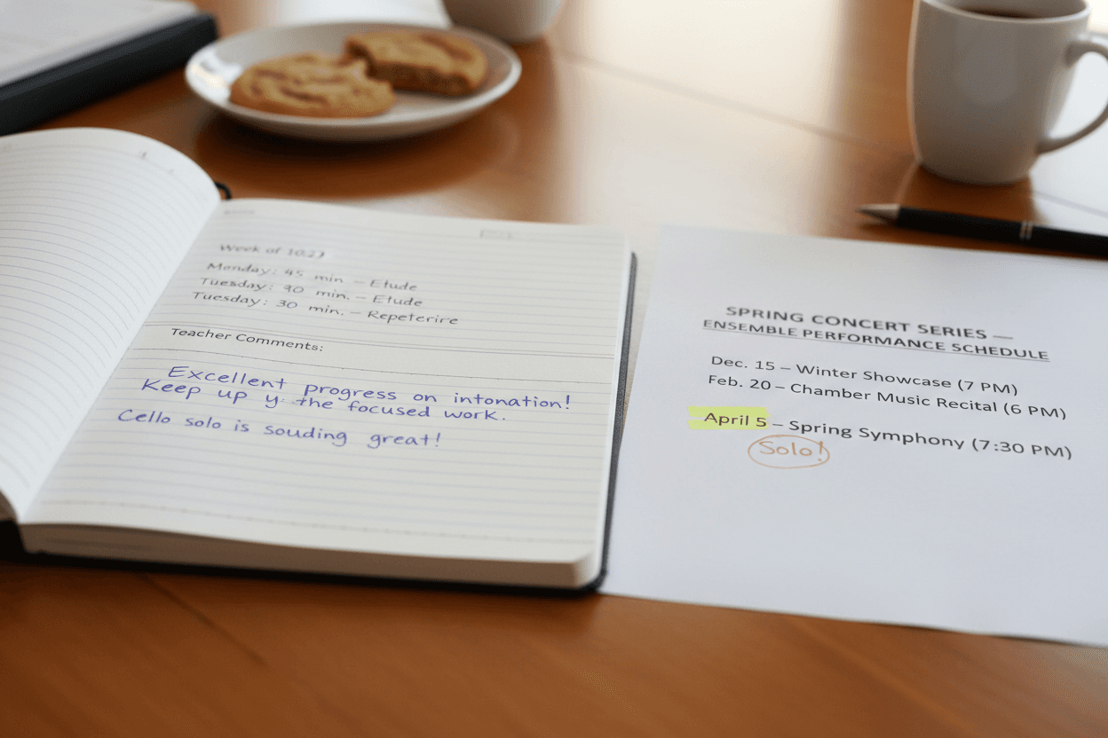 Music practice log and performance assessment form on a table during a music parent-teacher conference