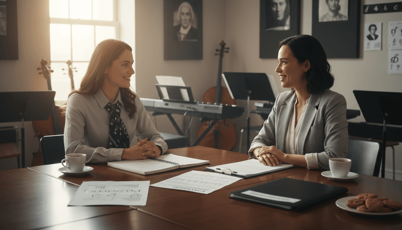 Music teacher meeting with a parent at a rehearsal space to discuss a student's musical progress and performance schedule