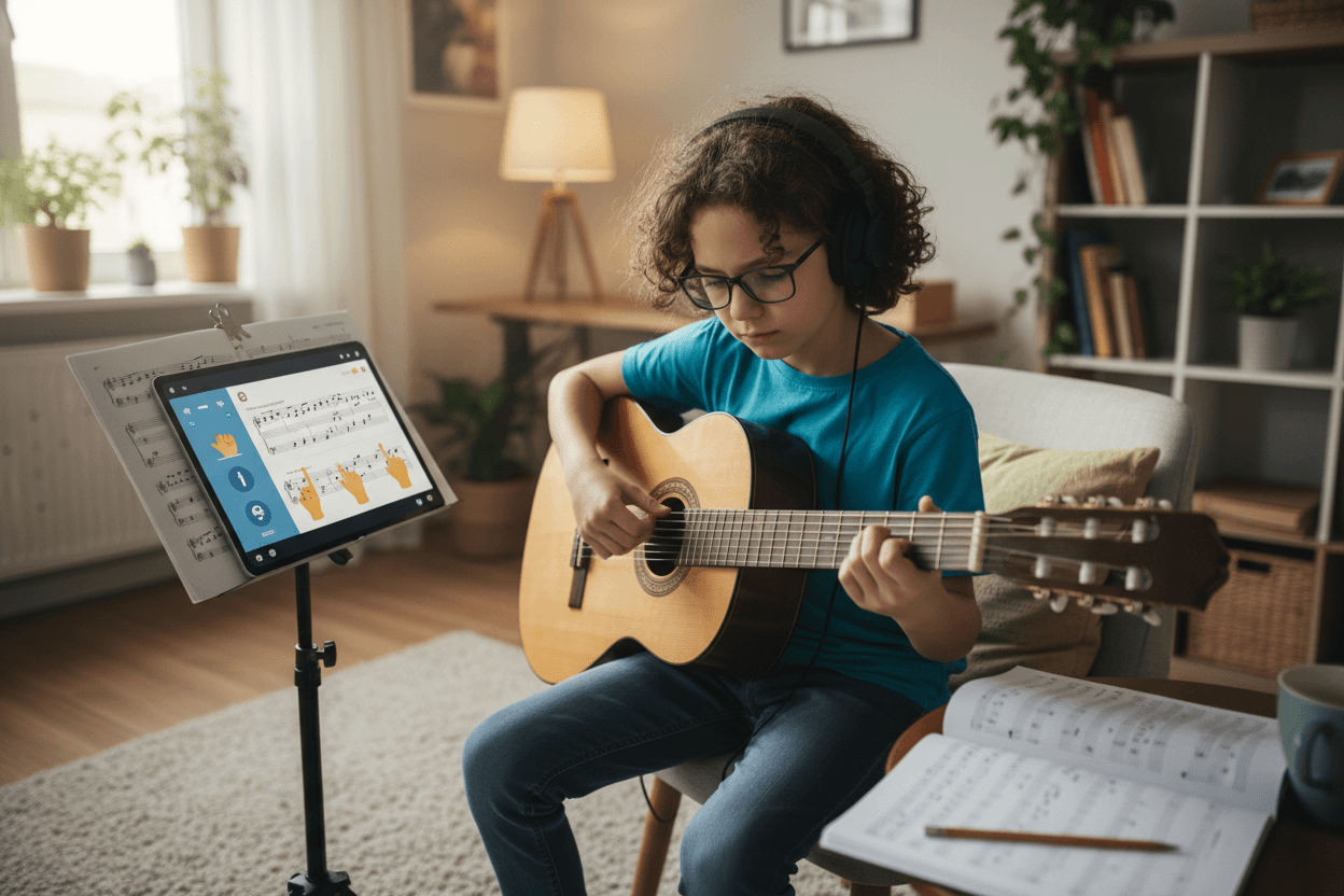 Student practicing an instrument at home following along with a digital music lesson guide on a tablet