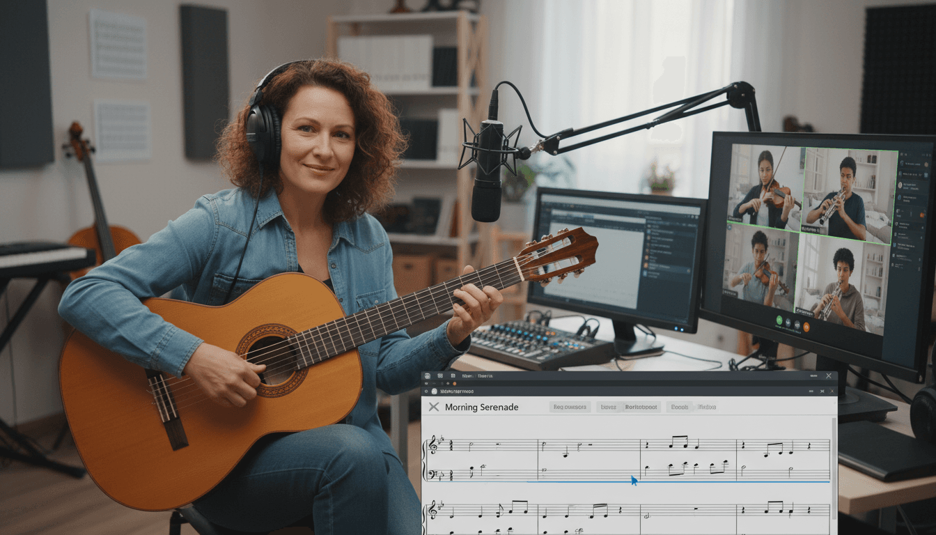 Music teacher demonstrating instrumental technique on video call with students following along at home with their instruments