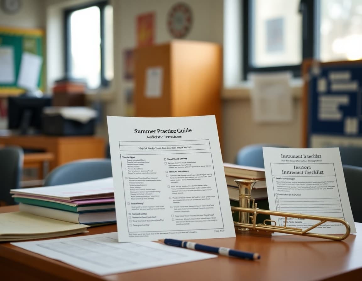 Music teacher's desk with summer practice guide, audition materials, and instrument maintenance checklist for families